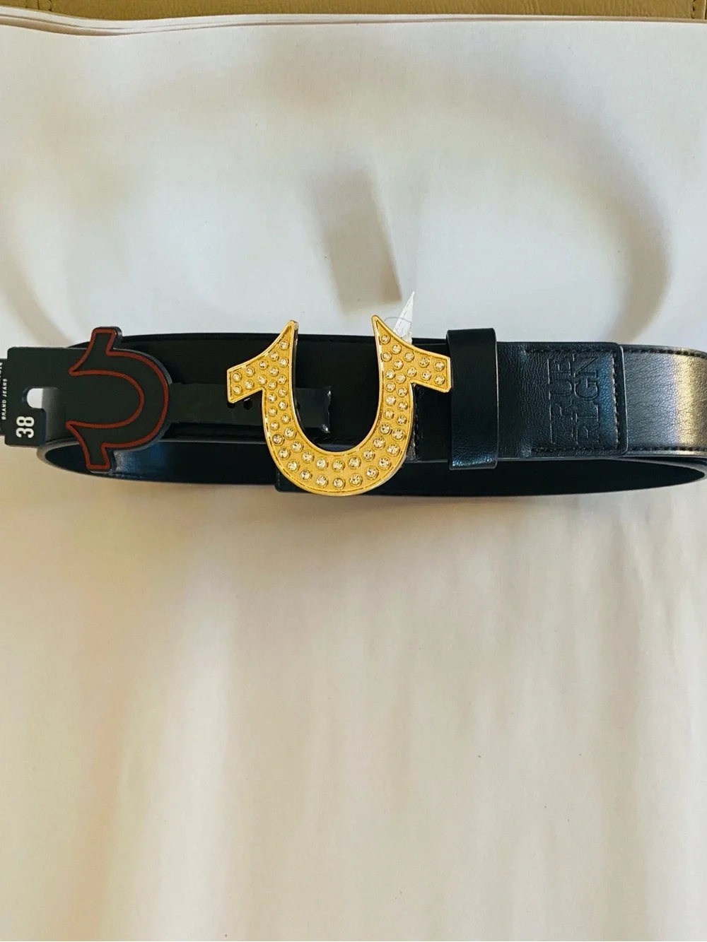 True Religion Black Leather Belt with Gold Crystal Horseshoe Buckle